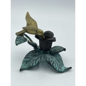 Andrea By Sadek Brass Verdigris Hummingbird Needle Flower Frog & Candle Holder